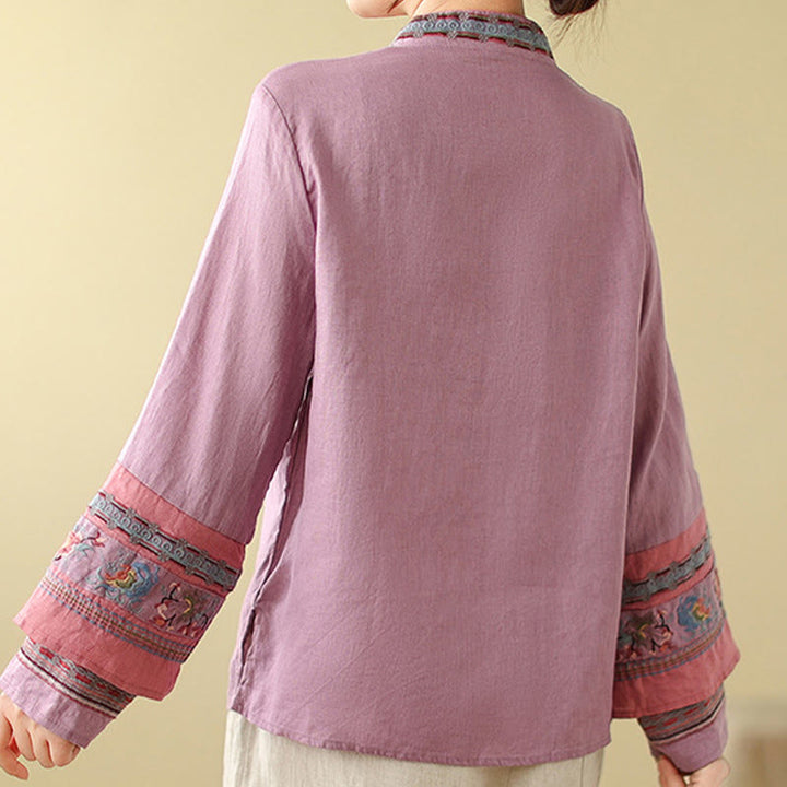 Camisa de lino y algodón para mujer con botones inclinados y bordados con Buddha Stones - image 5