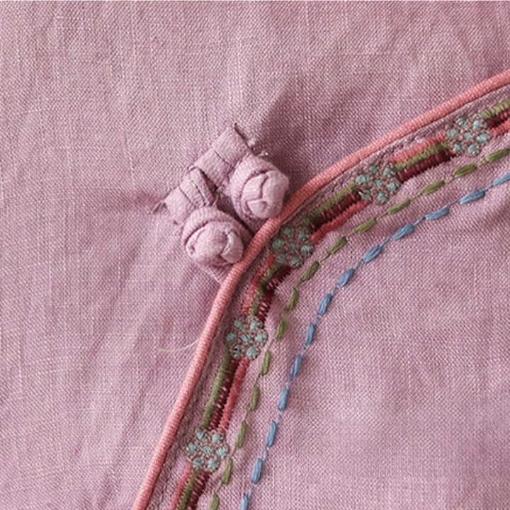 Camisa de lino y algodón para mujer con botones inclinados y bordados con Buddha Stones - image 10