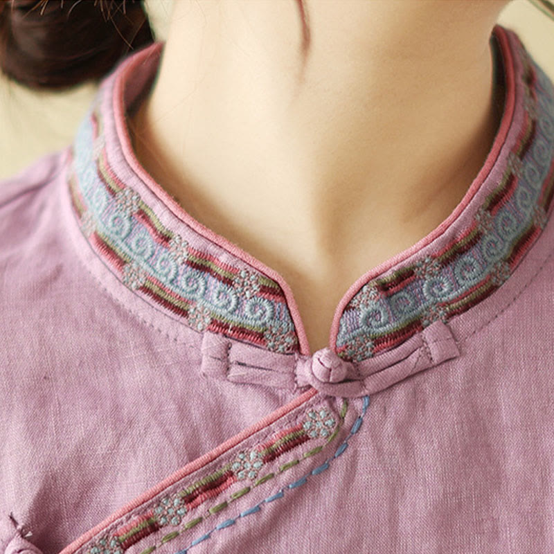 Camisa de lino y algodón para mujer con botones inclinados y bordados con Buddha Stones - image 12