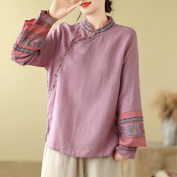 Camisa de lino y algodón para mujer con botones inclinados y bordados con Buddha Stones - Ciruela - US8-10，UK/AU12-14，EU40-42 (2XL) - image 1