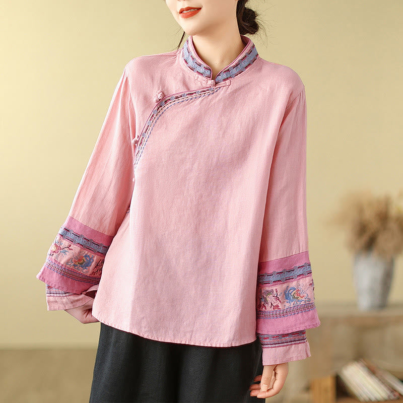 Camisa de lino y algodón para mujer con botones inclinados y bordados con Buddha Stones - image 14