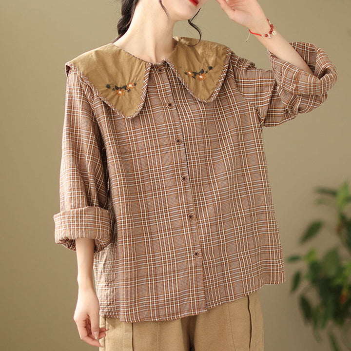 Camisa de algodón para mujer con estampado a cuadros y Buddha Stones - image 4