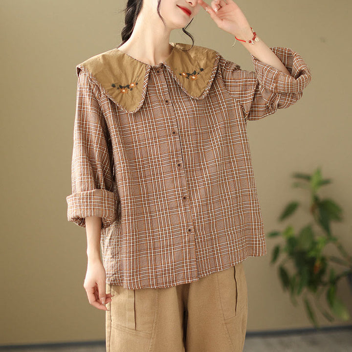 Camisa de algodón para mujer con estampado a cuadros y Buddha Stones - image 2
