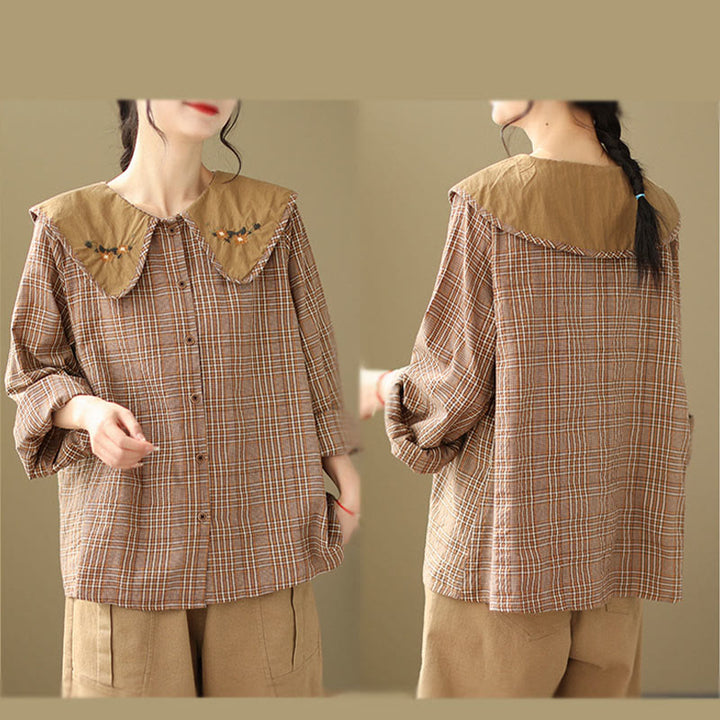 Camisa de algodón para mujer con estampado a cuadros y Buddha Stones - image 5