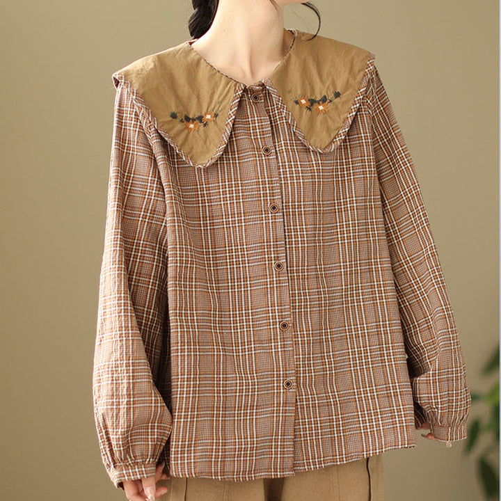 Camisa de algodón para mujer con estampado a cuadros y Buddha Stones - Salmón oscuro - US8-10，UK/AU12-14，EU40-42 (2XL) - image 0