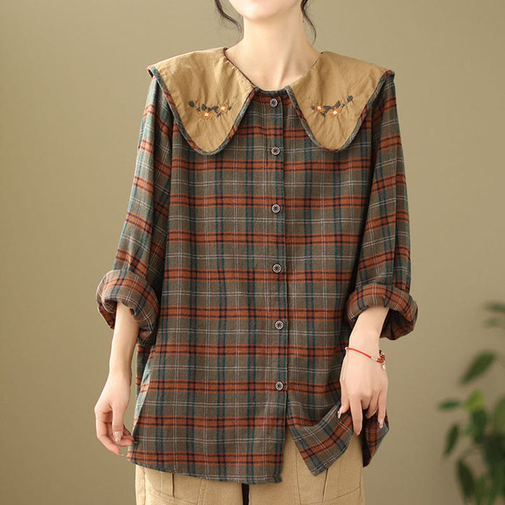 Camisa de algodón para mujer con estampado a cuadros y Buddha Stones - Tierra de siena - US8-10，UK/AU12-14，EU40-42 (2XL) - image 7
