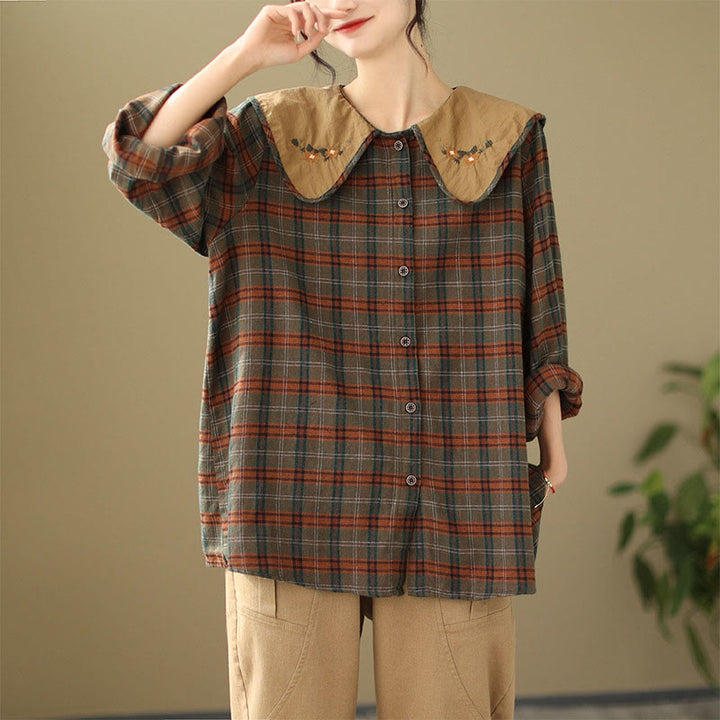 Camisa de algodón para mujer con estampado a cuadros y Buddha Stones - image 8