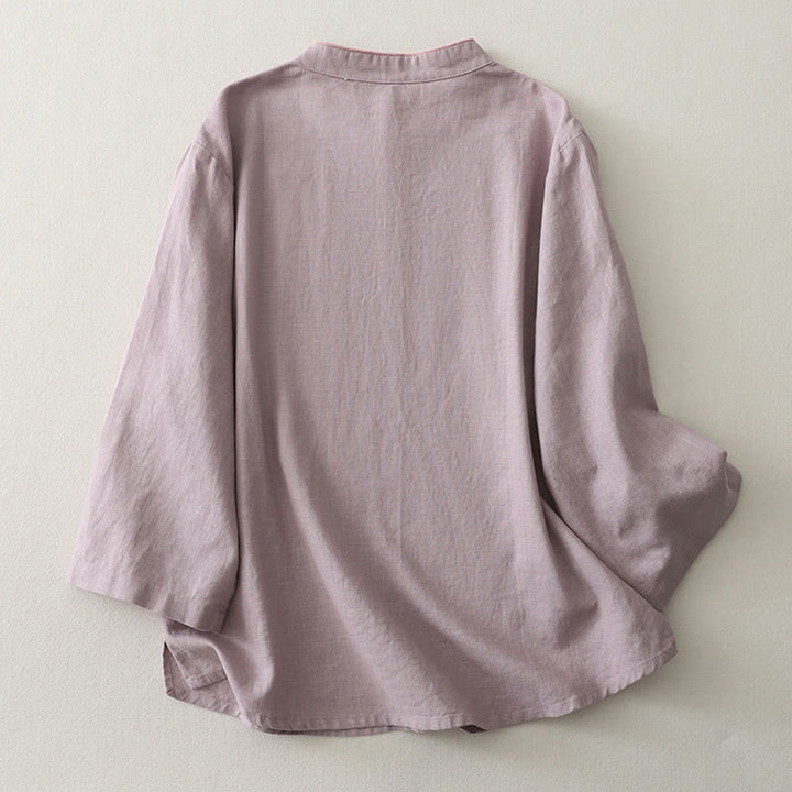 Camisa de lino y algodón con botones inclinados y diseño de Buddha Stones para mujer - image 4