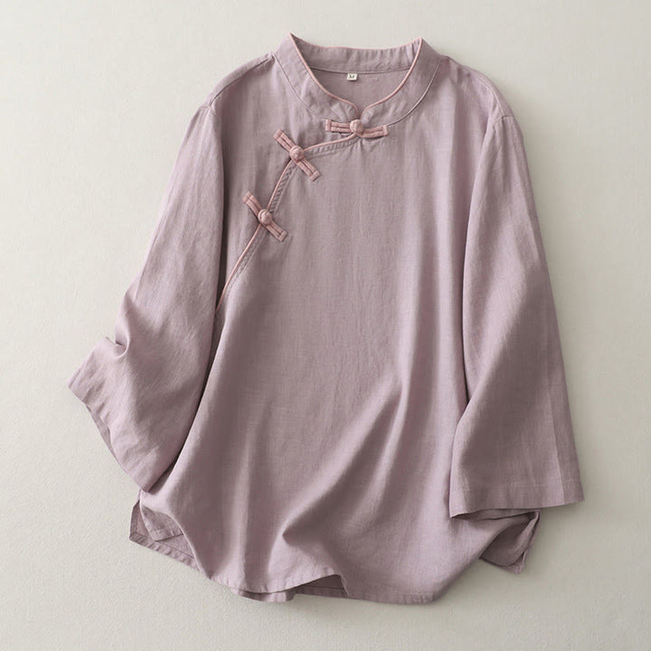 Camisa de lino y algodón con botones inclinados y diseño de Buddha Stones para mujer - Cardo - US12, UK/AU16, EU44 (2XL) - image 3