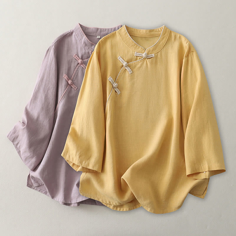 Camisa de lino y algodón con botones inclinados y diseño de Buddha Stones para mujer - image 8
