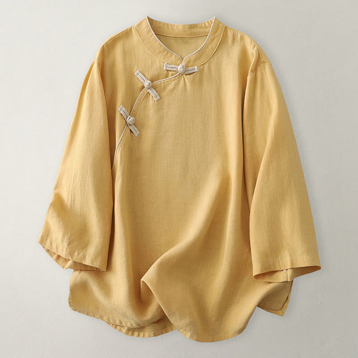 Camisa de lino y algodón con botones inclinados y diseño de Buddha Stones para mujer - Oro - US12, UK/AU16, EU44 (2XL) - image 1