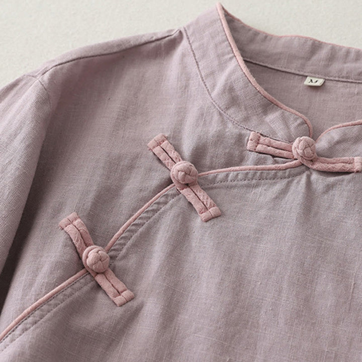 Camisa de lino y algodón con botones inclinados y diseño de Buddha Stones para mujer - image 7