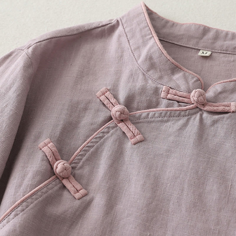 Camisa de lino y algodón con botones inclinados y diseño de Buddha Stones para mujer - image 6