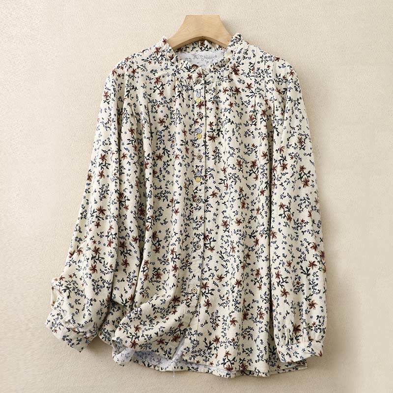 Camisa informal de algodón y lino con cuello redondo y estampado floral de Buddha Stones para mujer - Beige - US14，UK/AU18，EU46 (2XL) - image 1