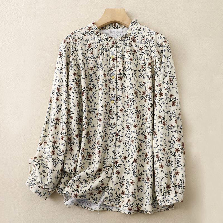 Camisa informal de algodón y lino con cuello redondo y estampado floral de Buddha Stones para mujer - Beige - US14，UK/AU18，EU46 (2XL) - image 1