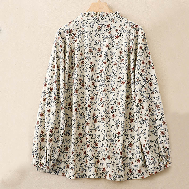 Camisa informal de algodón y lino con cuello redondo y estampado floral de Buddha Stones para mujer - image 2