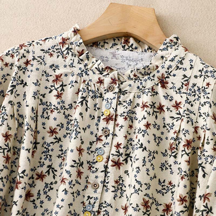 Camisa informal de algodón y lino con cuello redondo y estampado floral de Buddha Stones para mujer - image 3