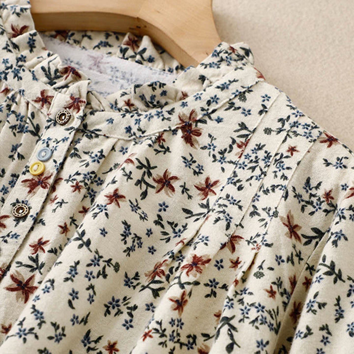 Camisa informal de algodón y lino con cuello redondo y estampado floral de Buddha Stones para mujer - image 6