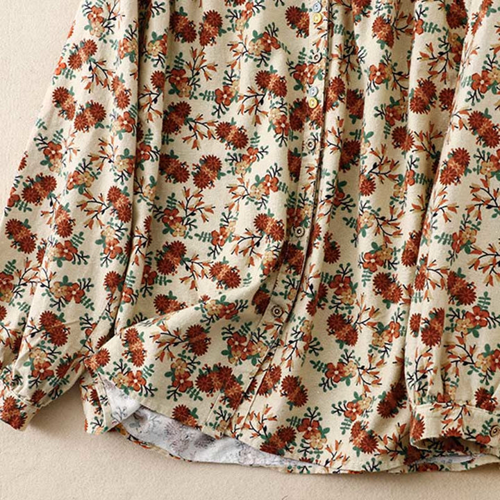 Camisa informal de algodón y lino con cuello redondo y estampado floral de Buddha Stones para mujer - image 13