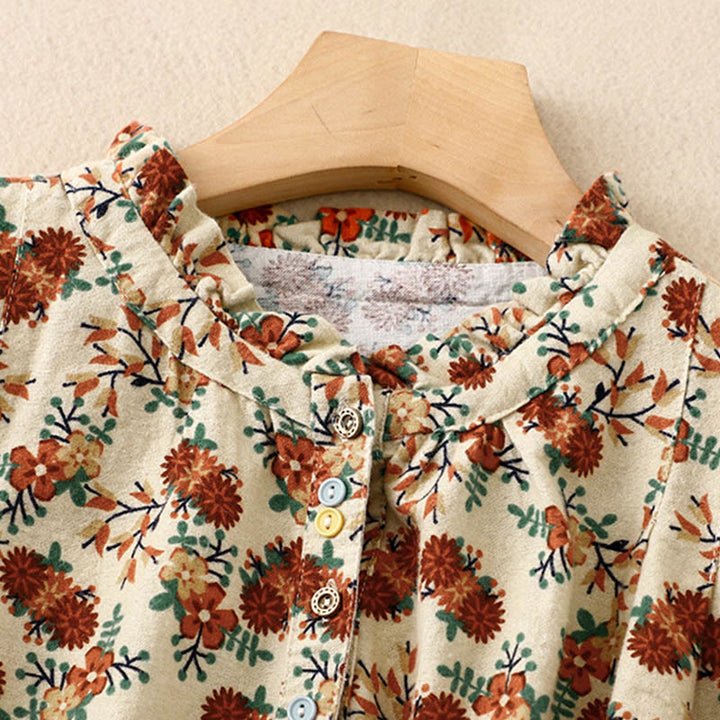 Camisa informal de algodón y lino con cuello redondo y estampado floral de Buddha Stones para mujer - image 12