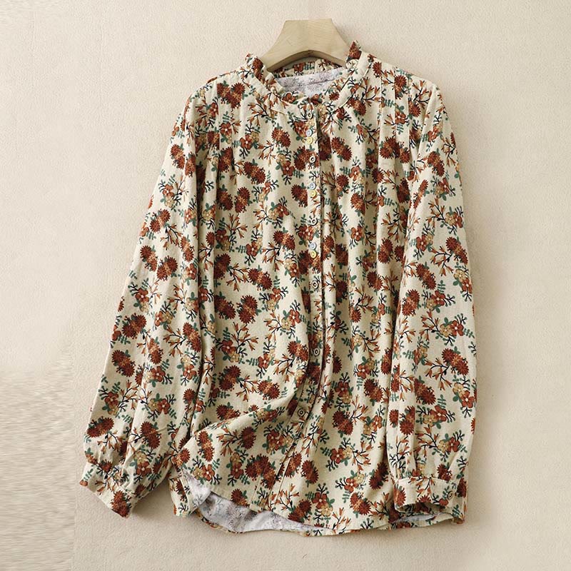 Camisa informal de algodón y lino con cuello redondo y estampado floral de Buddha Stones para mujer - Mocasín - US14，UK/AU18，EU46 (2XL) - image 11