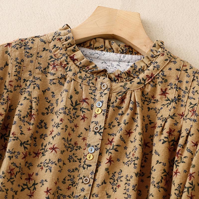 Camisa informal de algodón y lino con cuello redondo y estampado floral de Buddha Stones para mujer - image 18
