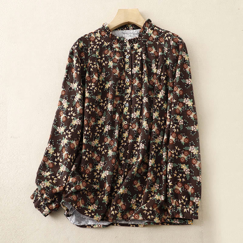 Camisa informal de algodón y lino con cuello redondo y estampado floral de Buddha Stones para mujer - SaddleBrown - US14，UK/AU18，EU46 (2XL) - image 23