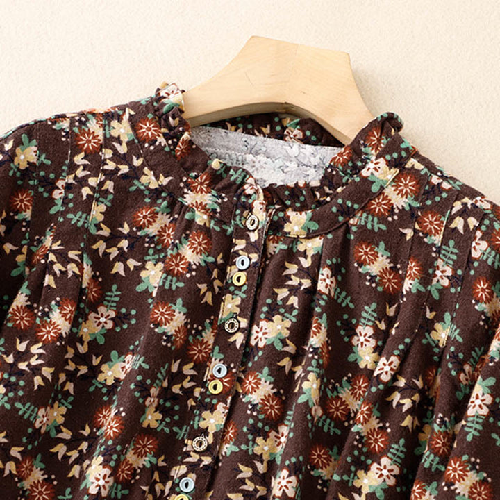Camisa informal de algodón y lino con cuello redondo y estampado floral de Buddha Stones para mujer - image 24