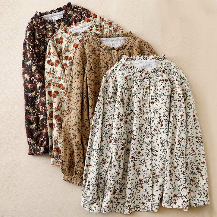 Camisa informal de algodón y lino con cuello redondo y estampado floral de Buddha Stones para mujer - image 29