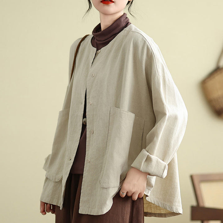 Chaqueta de lino y algodón de manga larga para mujer con diseño liso de Buddha Stones y bolsillos - Beige - US14，UK/AU18，EU46 (2XL) - image 1