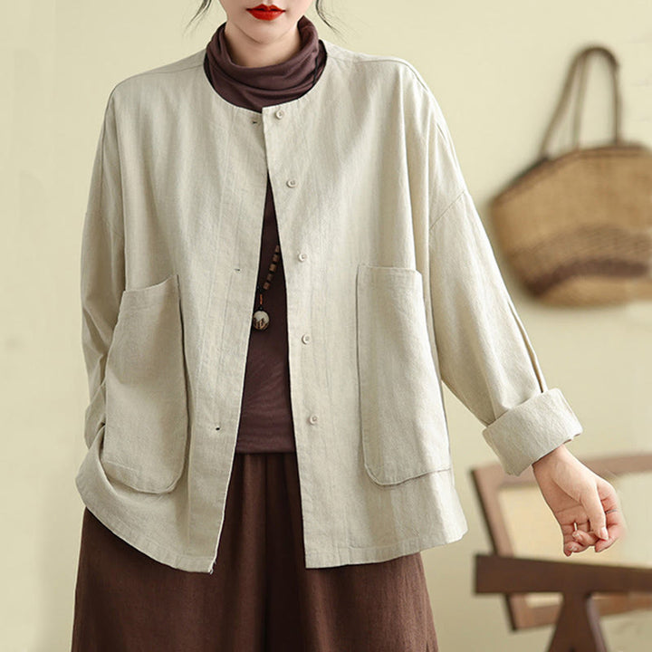 Chaqueta de lino y algodón de manga larga para mujer con diseño liso de Buddha Stones y bolsillos - image 2