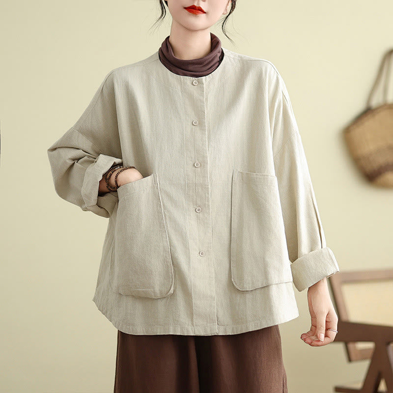 Chaqueta de lino y algodón de manga larga para mujer con diseño liso de Buddha Stones y bolsillos - image 3