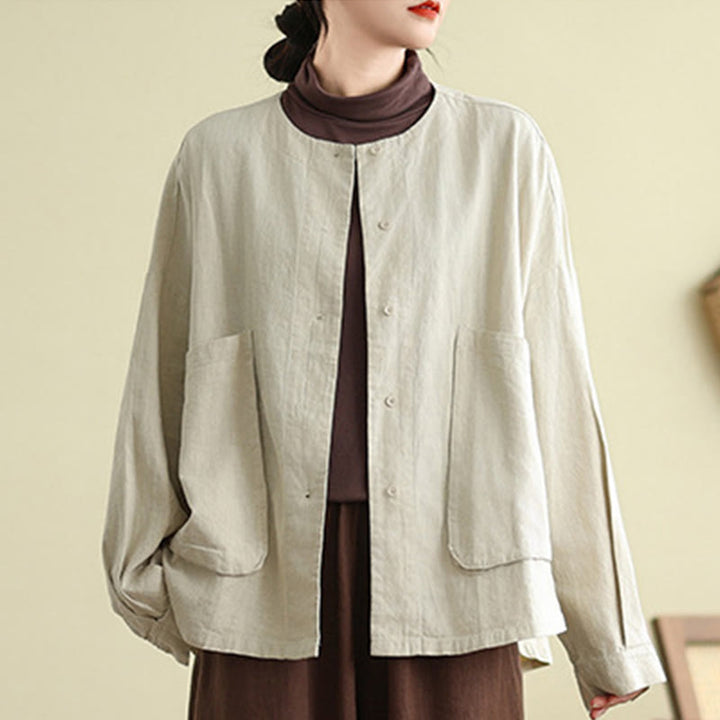 Chaqueta de lino y algodón de manga larga para mujer con diseño liso de Buddha Stones y bolsillos - image 4