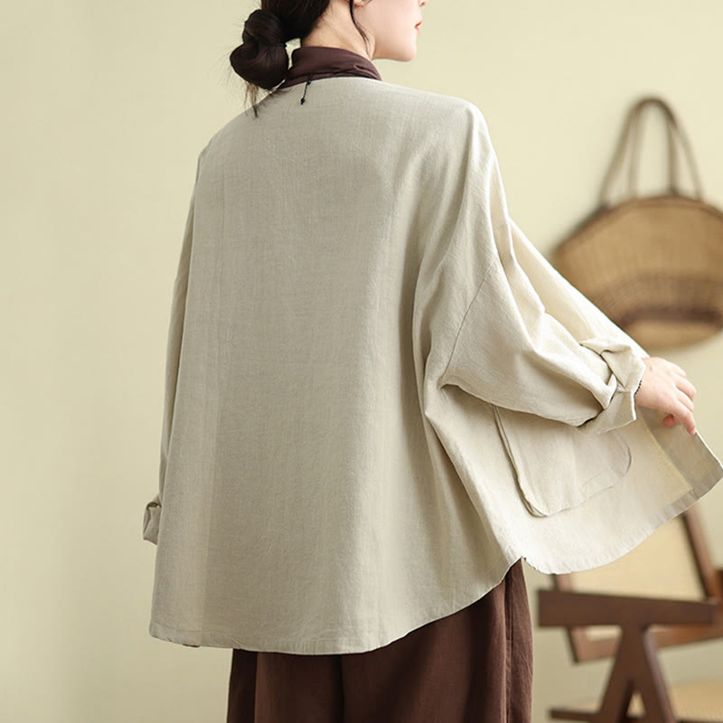 Chaqueta de lino y algodón de manga larga para mujer con diseño liso de Buddha Stones y bolsillos - image 7