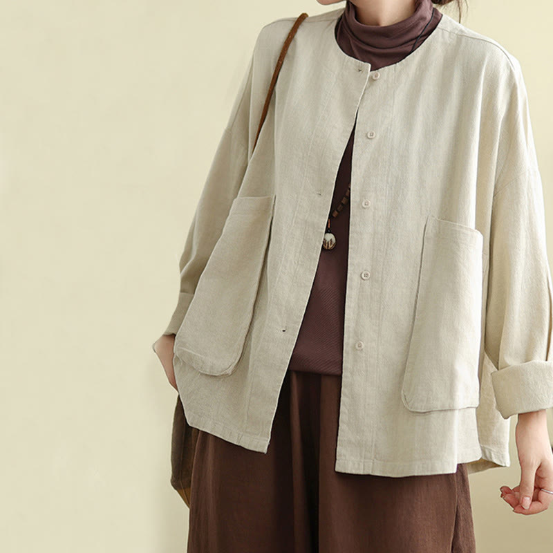 Chaqueta de lino y algodón de manga larga para mujer con diseño liso de Buddha Stones y bolsillos - image 5