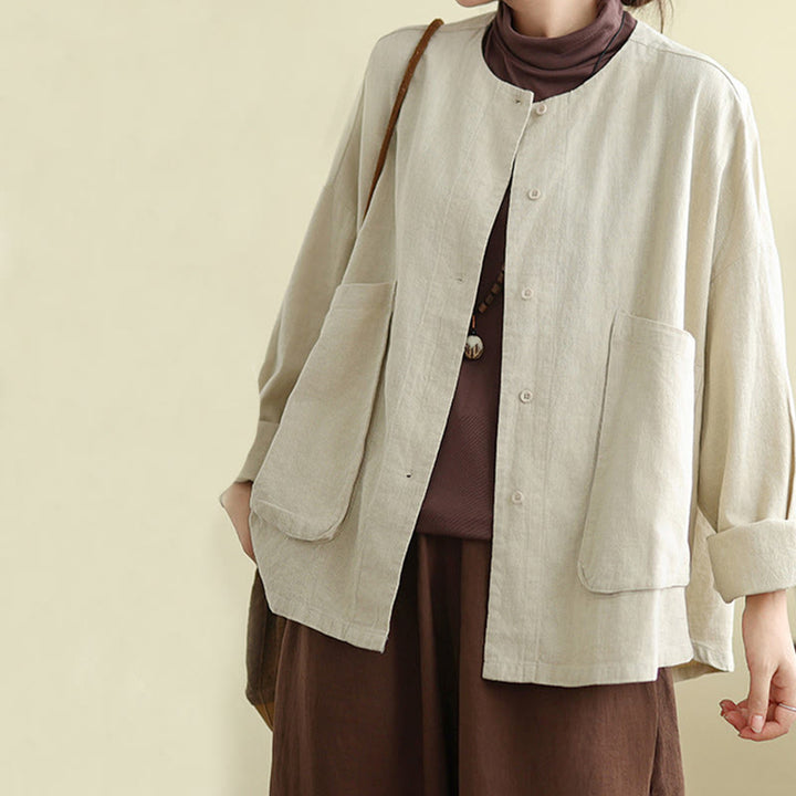 Chaqueta de lino y algodón de manga larga para mujer con diseño liso de Buddha Stones y bolsillos - image 5