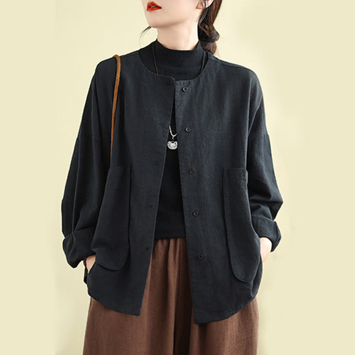 Chaqueta de lino y algodón de manga larga para mujer con diseño liso de Buddha Stones y bolsillos - Negro - US14，UK/AU18，EU46 (2XL) - image 11