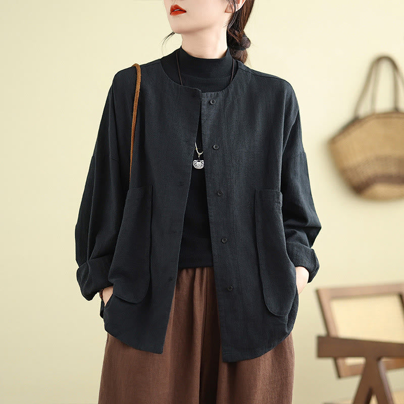 Chaqueta de lino y algodón de manga larga para mujer con diseño liso de Buddha Stones y bolsillos - image 16