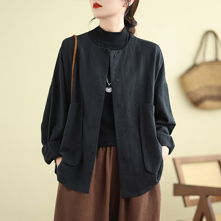 Chaqueta de lino y algodón de manga larga para mujer con diseño liso de Buddha Stones y bolsillos - image 16