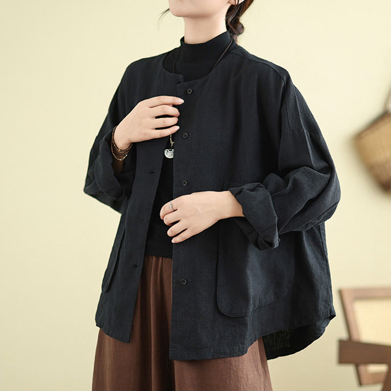 Chaqueta de lino y algodón de manga larga para mujer con diseño liso de Buddha Stones y bolsillos - image 12
