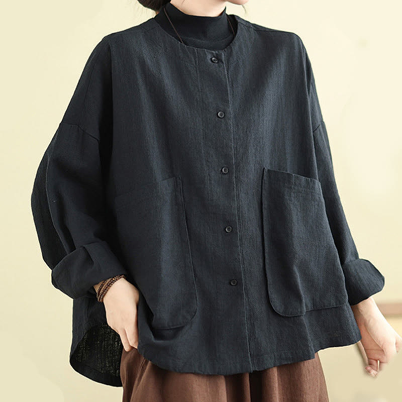 Chaqueta de lino y algodón de manga larga para mujer con diseño liso de Buddha Stones y bolsillos - image 16