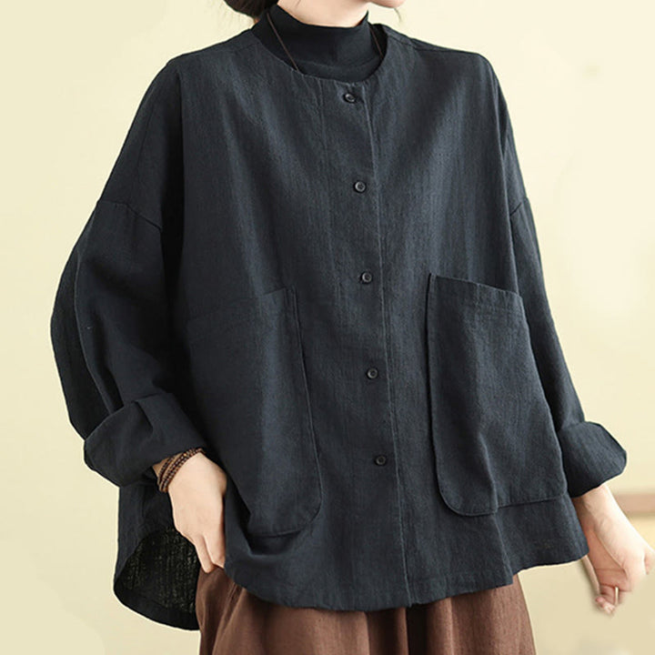 Chaqueta de lino y algodón de manga larga para mujer con diseño liso de Buddha Stones y bolsillos - image 16