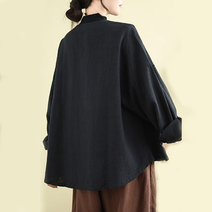 Chaqueta de lino y algodón de manga larga para mujer con diseño liso de Buddha Stones y bolsillos - image 13