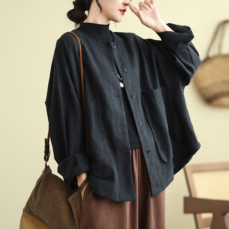 Chaqueta de lino y algodón de manga larga para mujer con diseño liso de Buddha Stones y bolsillos - image 15