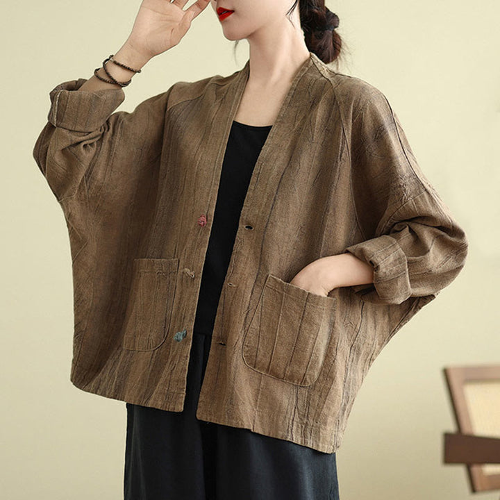 Chaqueta de lino y algodón de manga larga para mujer con bolsillos y Buddha Stones - image 3