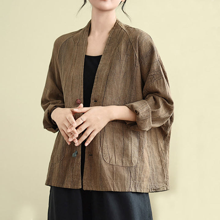 Chaqueta de lino y algodón de manga larga para mujer con bolsillos y Buddha Stones - image 5