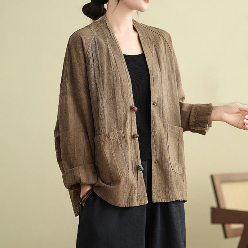 Chaqueta de lino y algodón de manga larga para mujer con bolsillos y Buddha Stones - Broncearse - US14，UK/AU18，EU46 (2XL) - image 0