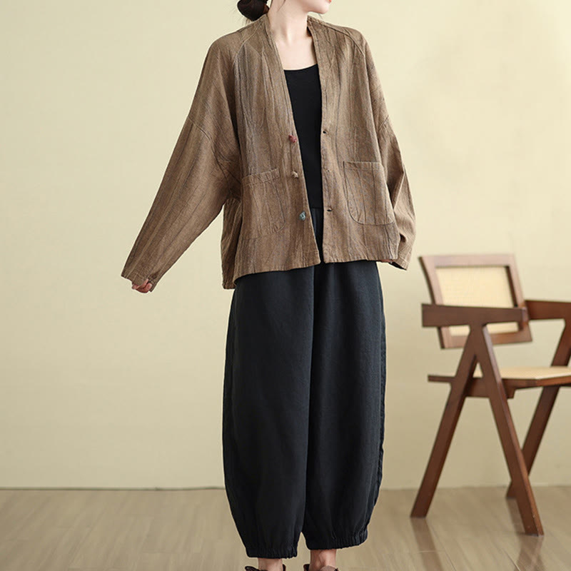 Chaqueta de lino y algodón de manga larga para mujer con bolsillos y Buddha Stones - image 7
