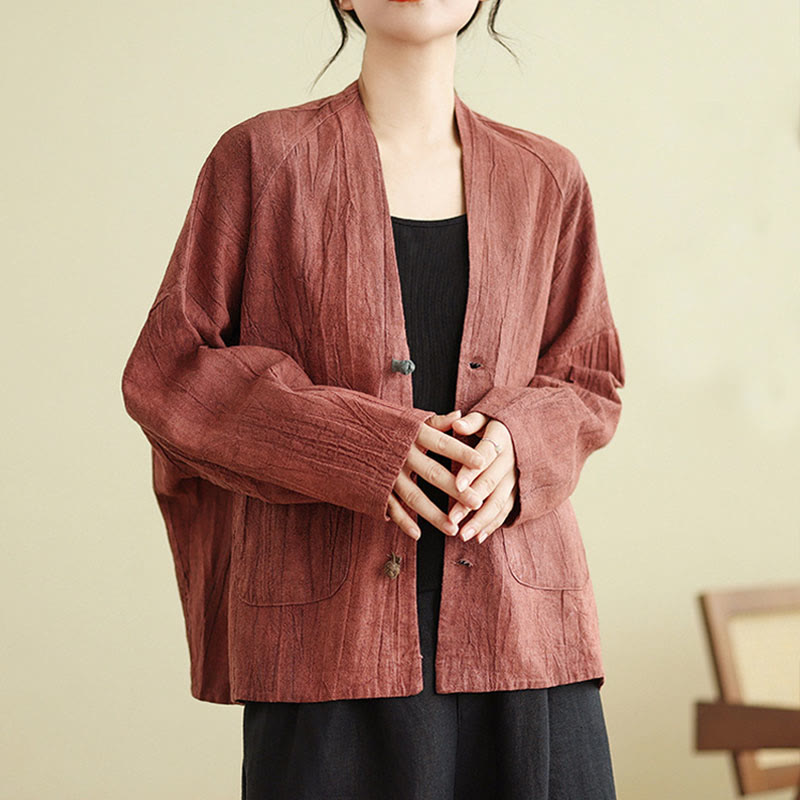 Chaqueta de lino y algodón de manga larga para mujer con bolsillos y Buddha Stones - IndianRed - US14，UK/AU18，EU46 (2XL) - image 8