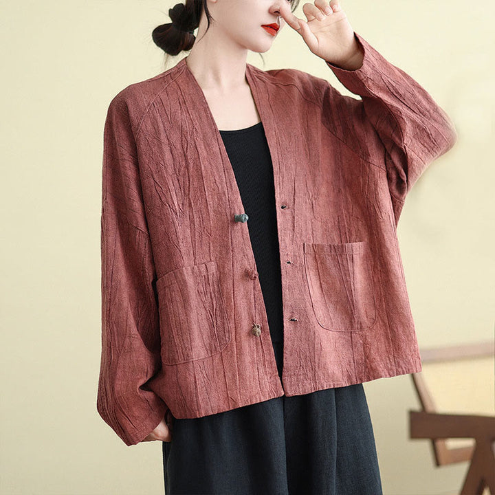 Chaqueta de lino y algodón de manga larga para mujer con bolsillos y Buddha Stones - image 10